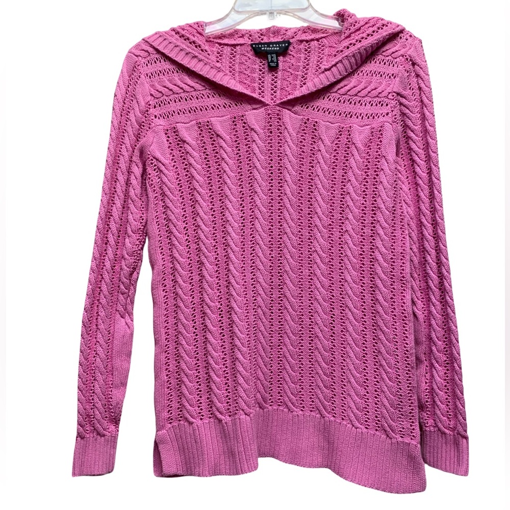 Susan Graver Pink Cable-Knit V-Neck Sweater with Hood